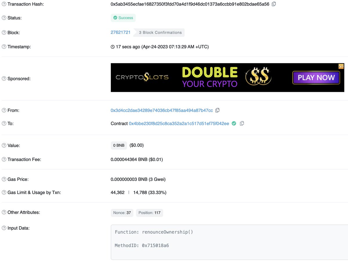 CLA_Finance's tweet photo. Intelligent contract AI create game contract rights have been discarded, reward plan long-term effective! The original access address: 0 x3d4cc2dae34289e74036cb47f85aa494a87b47cc permission to discard transferred to: 0 x0000000000000000000000000000000000000000 https://t.co/CxAnkstvHM