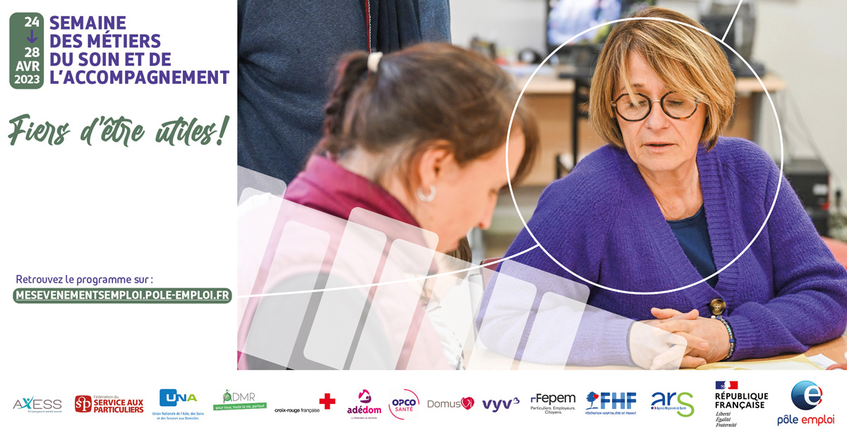 [#TousMobilisés] Aujourd'hui, la semaine des métiers du soin et de l’accompagnement commence🚀

Participez à de nombreuses actions et trouvez votre futur métier ou formation💪

📆du 24 au 28 avril 2023

En savoir➕📲💻⏩pehdf.fr/avjms

#Fiersd'êtreutiles! #AvecPôleEmploi