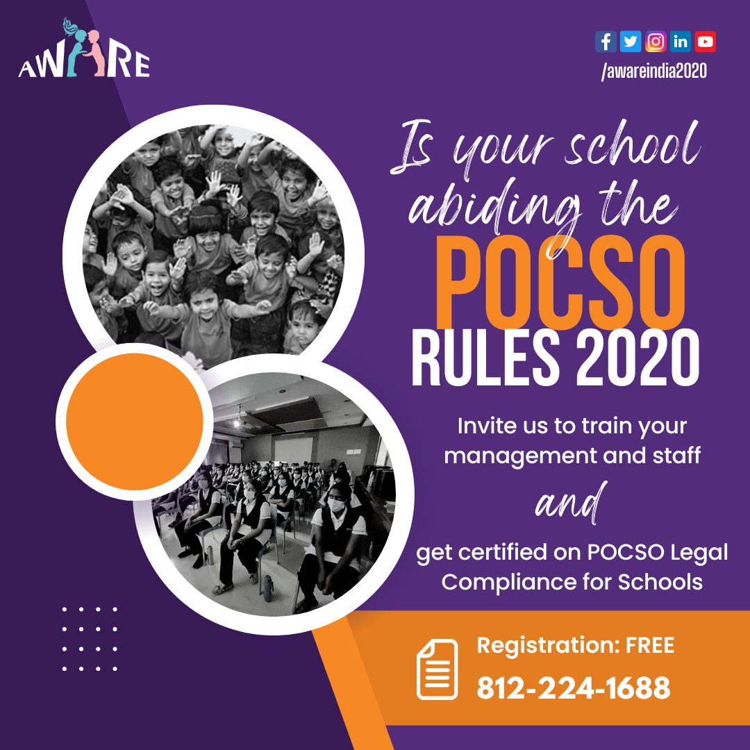 awareindia2020's tweet photo. In accordance with the Government of India POCSO 2020 rules, all the staff working in a school &amp; child care institution are supposed to be trained in the areas of Child Abuse Prevention.

Reach out to us via 812-224-1688 and 

#POCSO #awareindia #safespaces  #childsexualabuse https://t.co/uTJgJodMNy
