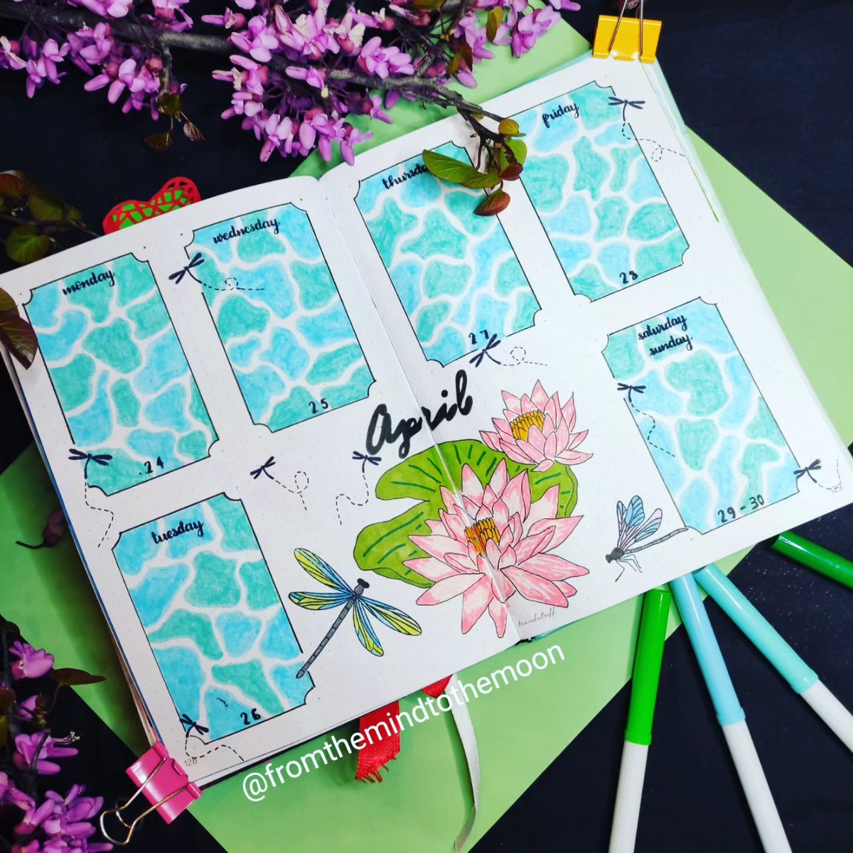 Benedetta3681's tweet photo. New post! New week!
#bulletjournal #bujo #bujoweekly #april #bujoapril #dragonfly #waterlily #bulletjournalist #art #artist #artjournal #artjournaling #bujotheme #apriltheme #diary #new #newidea #bujoideas #bujoinspire #planner #planning #plan #artsy #week https://t.co/N5W7IeM7M1