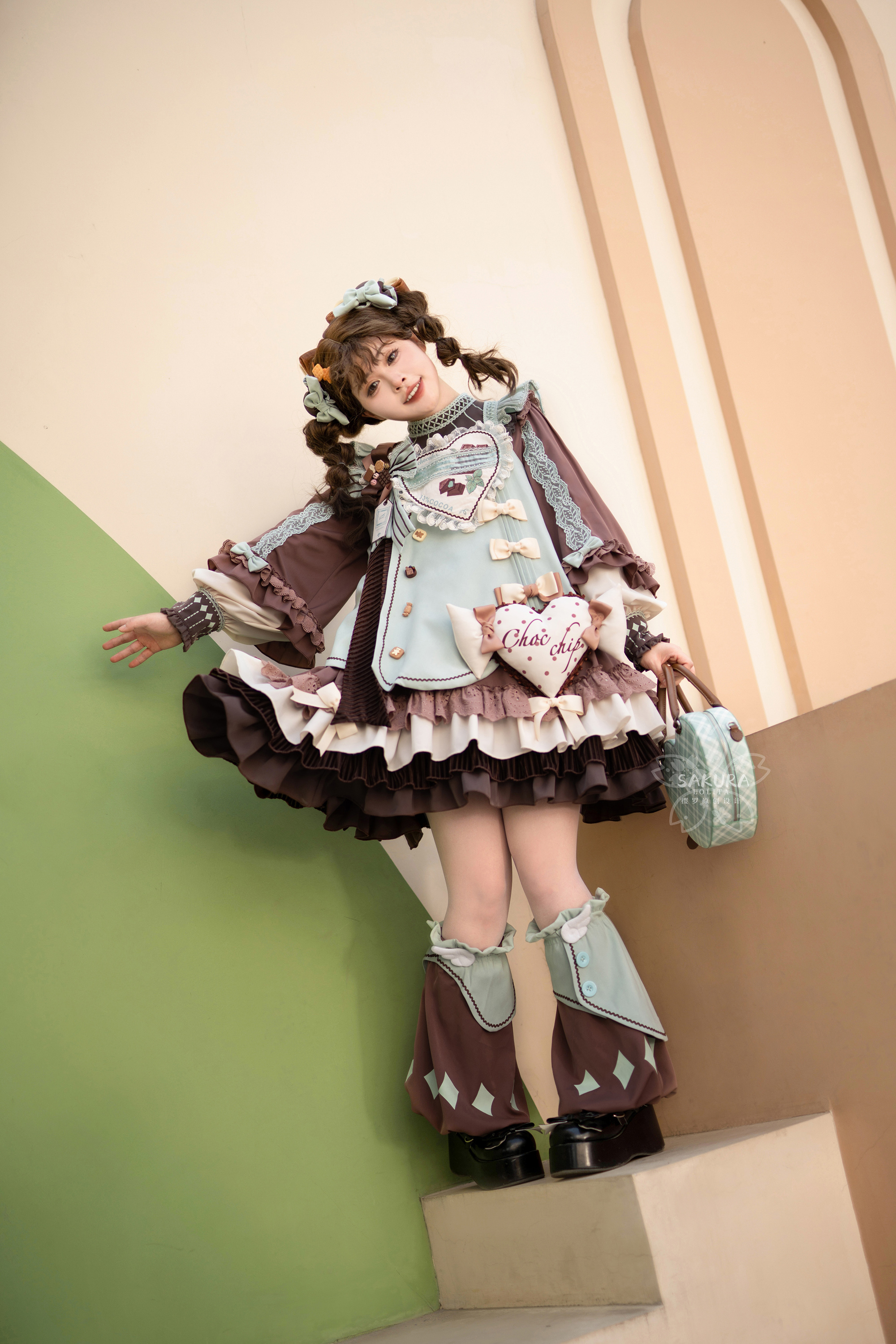 女性用ミントチョコレートフリルドレス,jkかわいいリボン付き