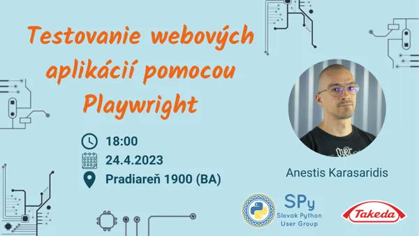 🚨 Python meetup: Testovanie webových aplikácií pomocou Playwright 🚨 ⏰ Dnes. Pondelok 24.04.2023 o 18:00 . Kde: Pradiareň 1900 / Svätoplukova 2A · Bratislava-Ružinov meetup.com/pyconsk/events…