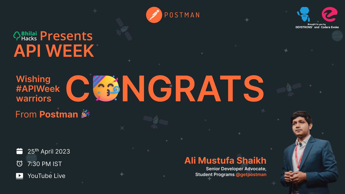 bhilaihacks's tweet image. Get ready for the big reveal! 💫

The top performers of the API Week challenges will be announced by @ialimustufa, Senior Developer Advocate at @getpostman.

Stay tuned to learn from  the best in the industry and prepare for your future in technology.

#PostmanStudent #APIWeek