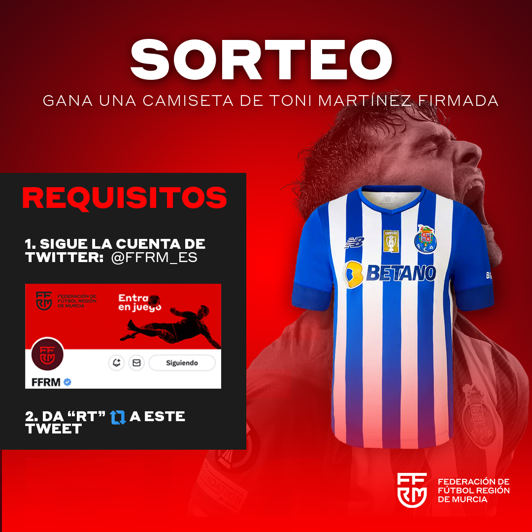 👕 ¡𝗦𝗢𝗥𝗧𝗘𝗢! 🫱 ¡GANA la CAMISETA del <a href="/FCPorto/">FC Porto</a> de <a href="/AntonioMtnez_29/">Toni Martínez</a>!

🖱 Seguir a <a href="/ffrm_es/">FFRM</a>
🖱 RT este tuit

🤗 ¡Así de fácil! ¡En dos clics! ¡Mucha suerte!