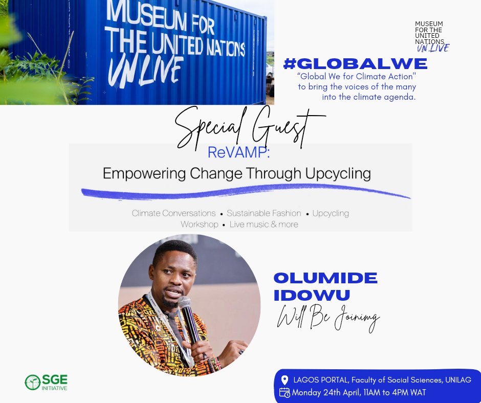 OlumideIDOWU's tweet image. I will be attending the UN Live "GLOBAL WE" event today, titled ReVAMP: Empowering Change Through Upcycling. #ClimateConversations, #SustainableFashionShowcase, #UpcyclingWorkshop, #LiveMusic! via @museumfortheun YouTube bit.ly/3H8Gm0g

#UNLive #GlobalWe #ChangeMakers