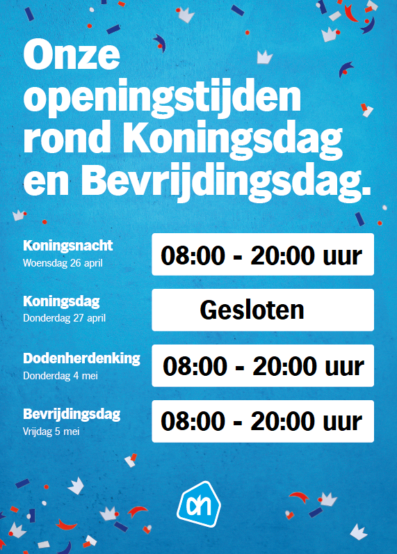 Onze openingstijden rond Koningsdag en Bevrijdingsdag.