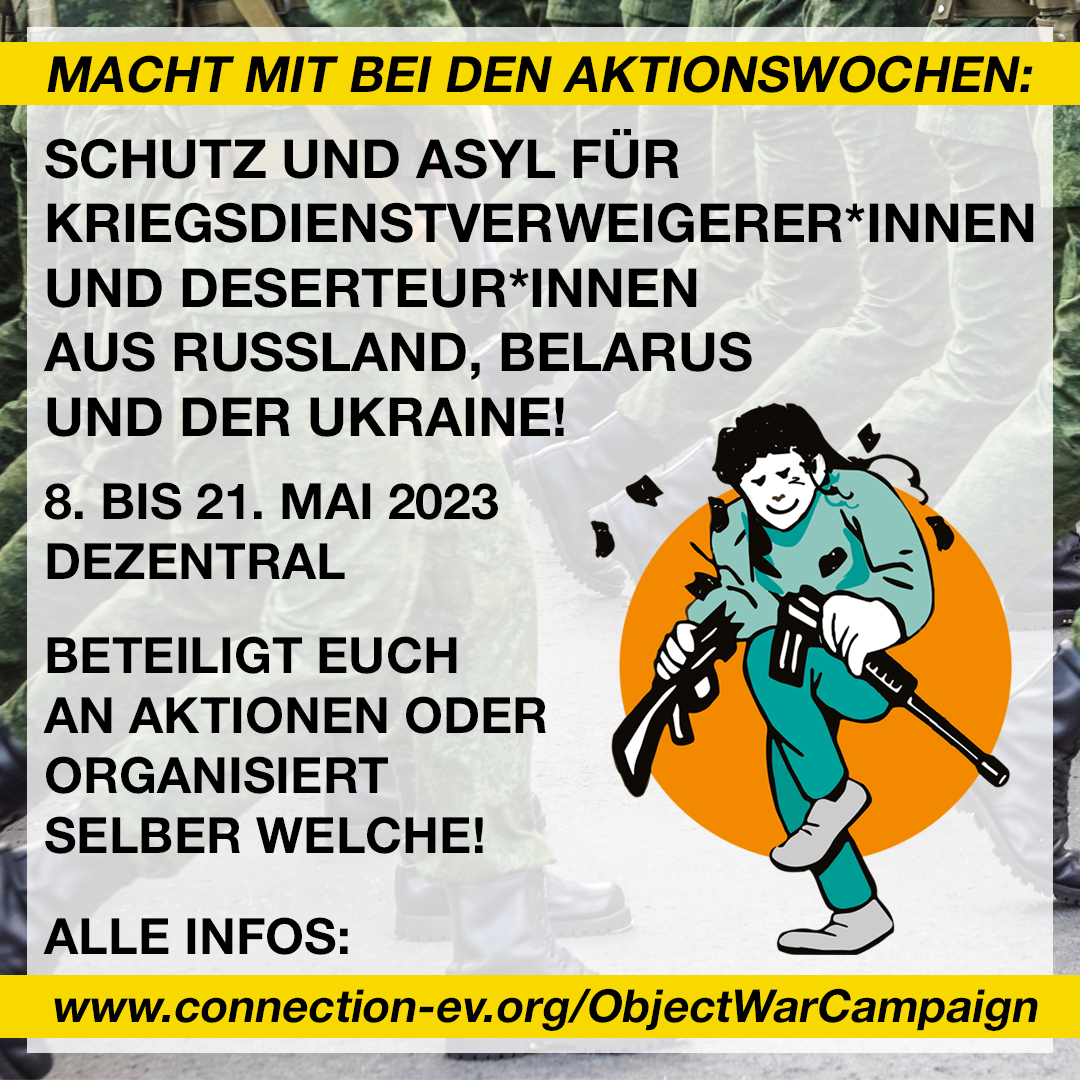 dfgvk_bv's tweet photo. Beteiligt euch an den Aktionswochen zum Schutz und Asyl für Kriegsdienstverweigerer*innen und Deserteur*innen aus #Russland, #Belarus und der #Ukraine! Alle Infos: https://t.co/jjhZTFJNOa
#ObjectWar #StandWithObjectors #KriegsdienstverweigerungIstMenschenrecht https://t.co/EgOxCRxjzc