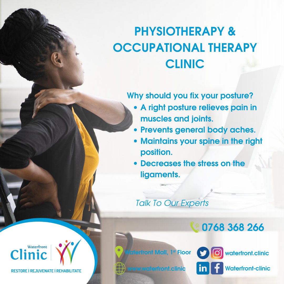 Good posture reduces the pressure on the spine's ligaments and keeps you moving and grooving well. 

For more tips on how to improve your posture, book an appointment with us today!
#Physiotherapy #WaterfrontCares #OccupationalTherapy
#Restore #Rejuvenate #Rehabilitate