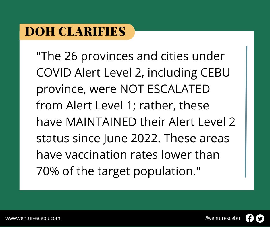 On Cebu Province being under Alert Level 2, @DOHgovph issues this clarification.
#Covid #covid19ph #Alert