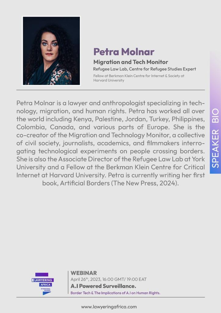 A bit about our guest <a href="/_PMolnar/">Petra Molnar (@petramolnar.com on BlueSky🦋)</a>...
#AI #surveillance #humanrights #webinar @kisaka007 <a href="/ayub_eugene/">Ayub</a> <a href="/Roon_jamal/">MJ🌸</a>