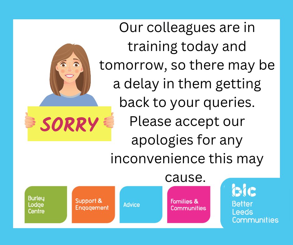 Better Leeds (@betterleeds) on Twitter photo Due to staff training today and tomorrow, there maybe delays in your queries being answered.
Also, there will be no drop in at <a href="/RHA_Leeds/">Richmond Hill Academy</a> tomorrow.
Please accept our apologies for any inconvenience caused. Due to staff training today and tomorrow, there maybe delays in your queries being answered.
Also, there will be no drop in at <a href="/RHA_Leeds/">Richmond Hill Academy</a> tomorrow.
Please accept our apologies for any inconvenience caused.