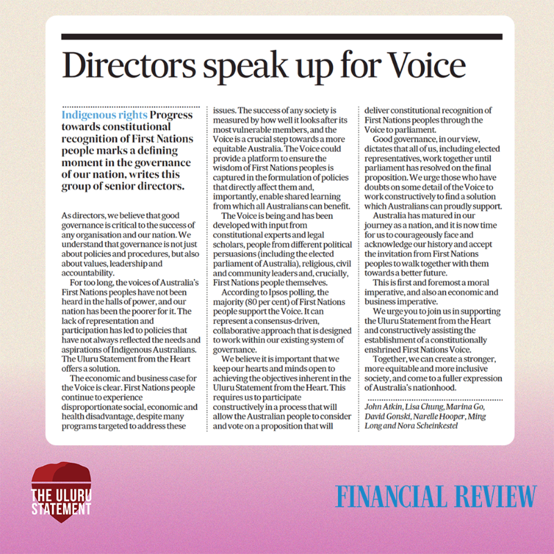 ulurustatement's tweet photo. Some of Australia’s most influential company directors have pledged their support for a First Nations Voice in an open letter in the @financialreview. 

Read the full letter below: 

#UluruStatement