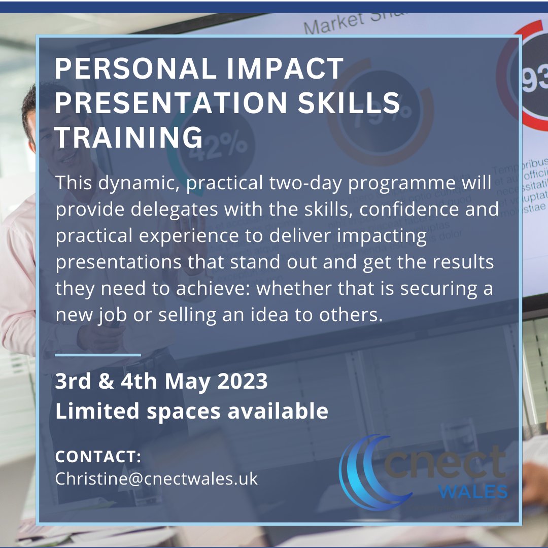 Have you got an important presentation coming up?

We are delighted to announce that we are holding another of our popular training workshops, ‘Personal Impact Presentation Skills’, a two-day programme.

Book soon to avoid disappointment! More info: cnectwales.uk/personal-impac…