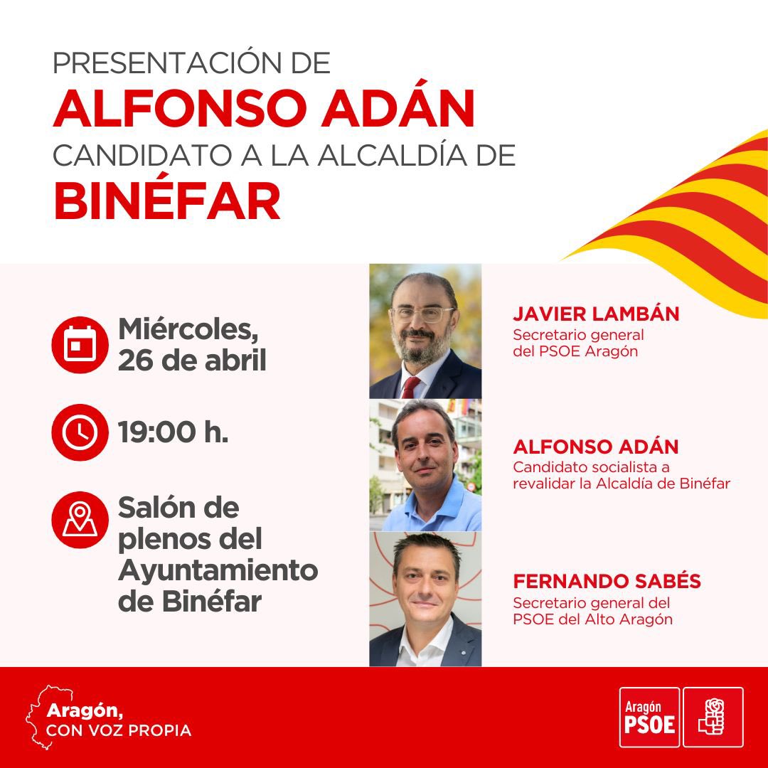 psoebinefar's tweet photo. 🌹🌹 Este miércoles 26 de abril te esperamos en la presentación de Alfonso Adán y la candidatura junto 

@JLambanM 
@fsabes 
@AlfonsoAdanPozo 
 
/❤️ #seguimos #ComprometidosconlasPersonas #Binéfar https://t.co/eRtbuogDIY