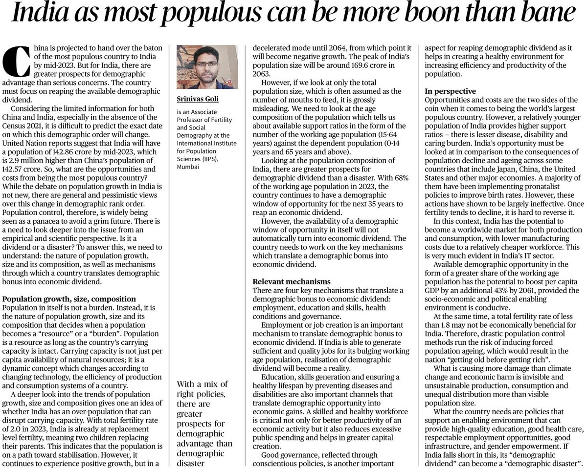 AnantBhan's tweet photo. "There are 4 key mechanisms that translate a demographic bonus to economic dividend: employment, education and skills, health conditions and governance" https://t.co/5xKvVHQNWf