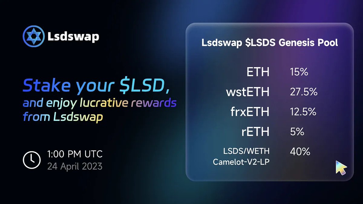 🪄Lsdswap fans

🎩We are happy to announce that the Lsdswap Genesis Farm will be live today.

👨‍🌾1PM UTC TIME April 24, 2023

👀More information, you can find here: medium.com/@lsdswap/genes…

#LSDFi #lsderivatives #Arbitrum