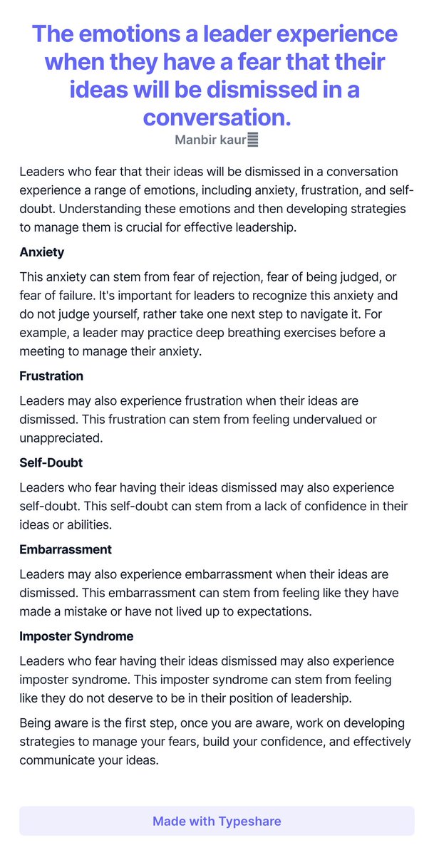 The emotions a leader experience when they have a fear that their ideas will be dismissed in a conversation.
#ship30for30
#cxos
#conversations