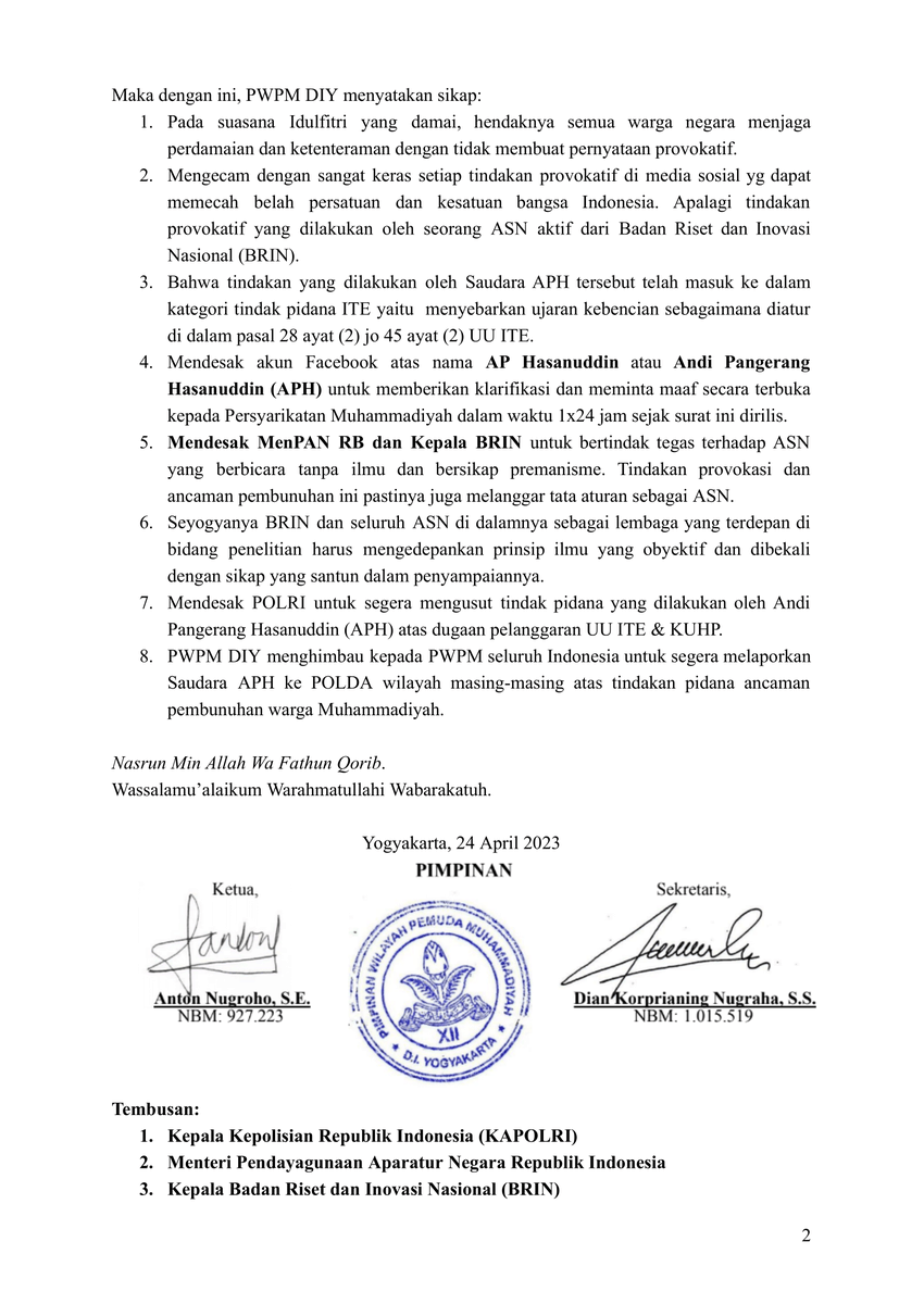 PERNYATAAN PERS
PIMPINAN WILAYAH PEMUDA MUHAMMADIYAH
DAERAH ISTIMEWA YOGYAKARTA
Nomor : 1.2/480/1444

TENTANG
ANCAMAN PEMBUNUHAN WARGA MUHAMMADIYAH
OLEH OKNUM PEGAWAI BRIN
ATAS NAMA ANDI PANGERAN HASANUDDDIN

<a href="/pp_pemudamuh/">PP Pemuda Muhammadiyah</a> <a href="/KokamNasional/">KOKAM Nasional Muhammadiyah</a> <a href="/majalahSM/">Suara Muhammadiyah</a> <a href="/muhammadiyah/">Muhammadiyah</a>