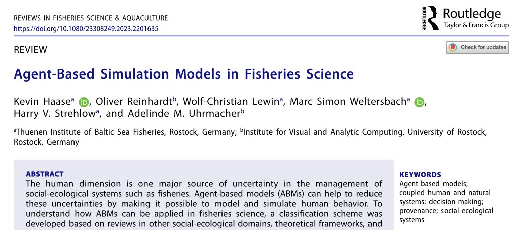 New Paper published! The third paper of my PhD project is a review of agent-based models in fisheries science with a focus on how fishermen/anglers' decisions are modelled.
50 free copies can be accessed via the link, so be quick ;)

tandfonline.com/eprint/EKJGYWZ…
#Science #OpenScience