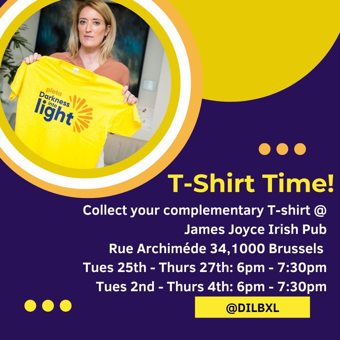 Time to collect your #iconic #DarknessIntoLight T-shirt! We will be the James Joyce Irish pub on Rue Archiméde 34 handing them out! 💛Make sure to register before you pop in: darknessintolight.ie