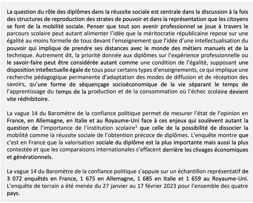 CEVIPOF's tweet photo. ‼️"La société du diplôme", nouvelle note à lire de @Luc_Rouban
Comparée à 🇮🇹🇩🇪🇬🇧, c'est en 🇫🇷que la valorisation sociale du diplôme est la plus importante mais aussi la plus contestée.. #Baroconfiance @CEVIPOF V. 14 ⬇️https://t.co/sISwM49sk9 https://t.co/g7BqDvSCzq