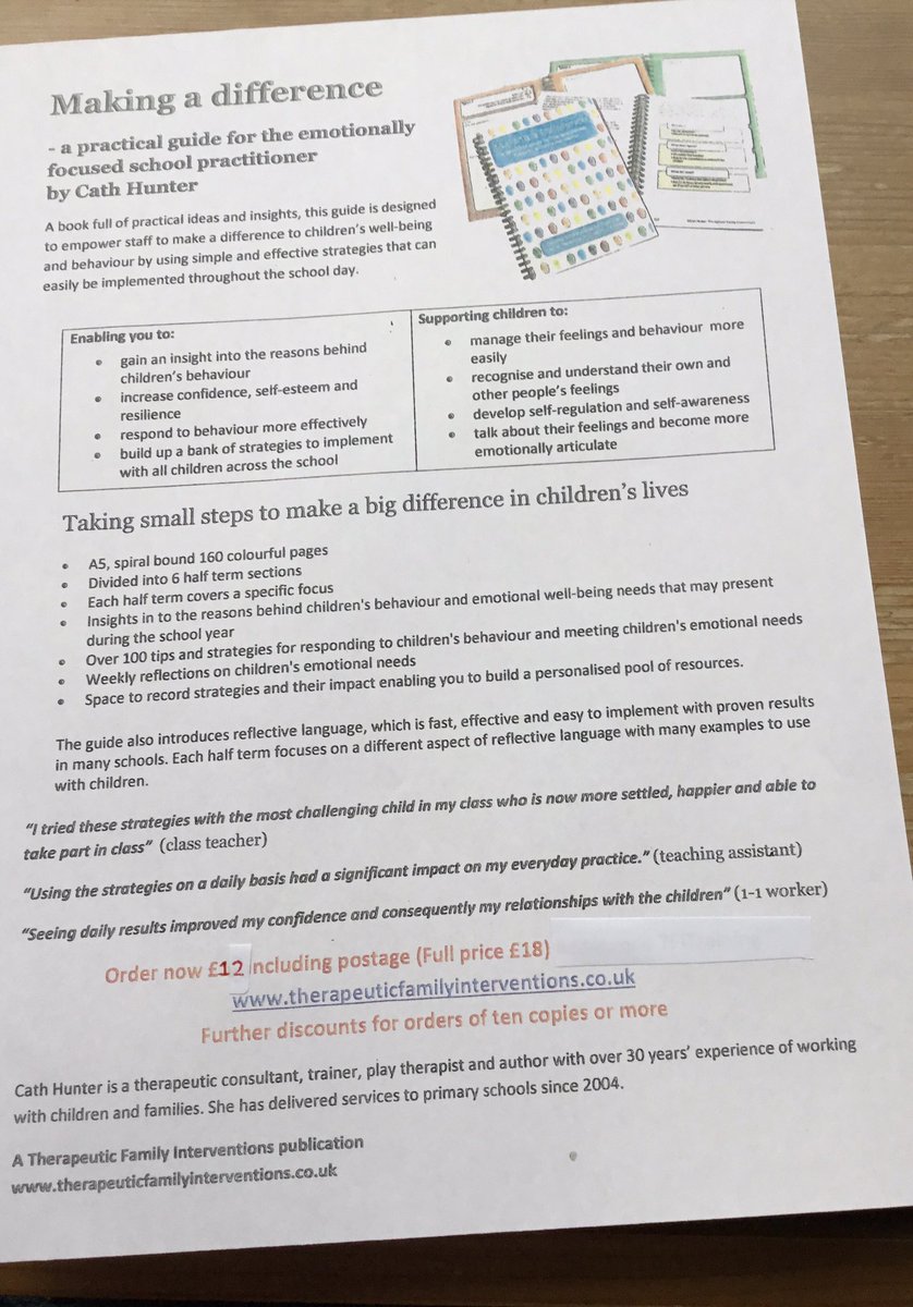 My previously self published book will be published by Routledge in Sept. I am selling off my stock at a reduced price of £12 including postage.  Full of practical ideas and insights and is based on 20 years work in schools. More info at therapeuticfamilyinterventions.co.uk