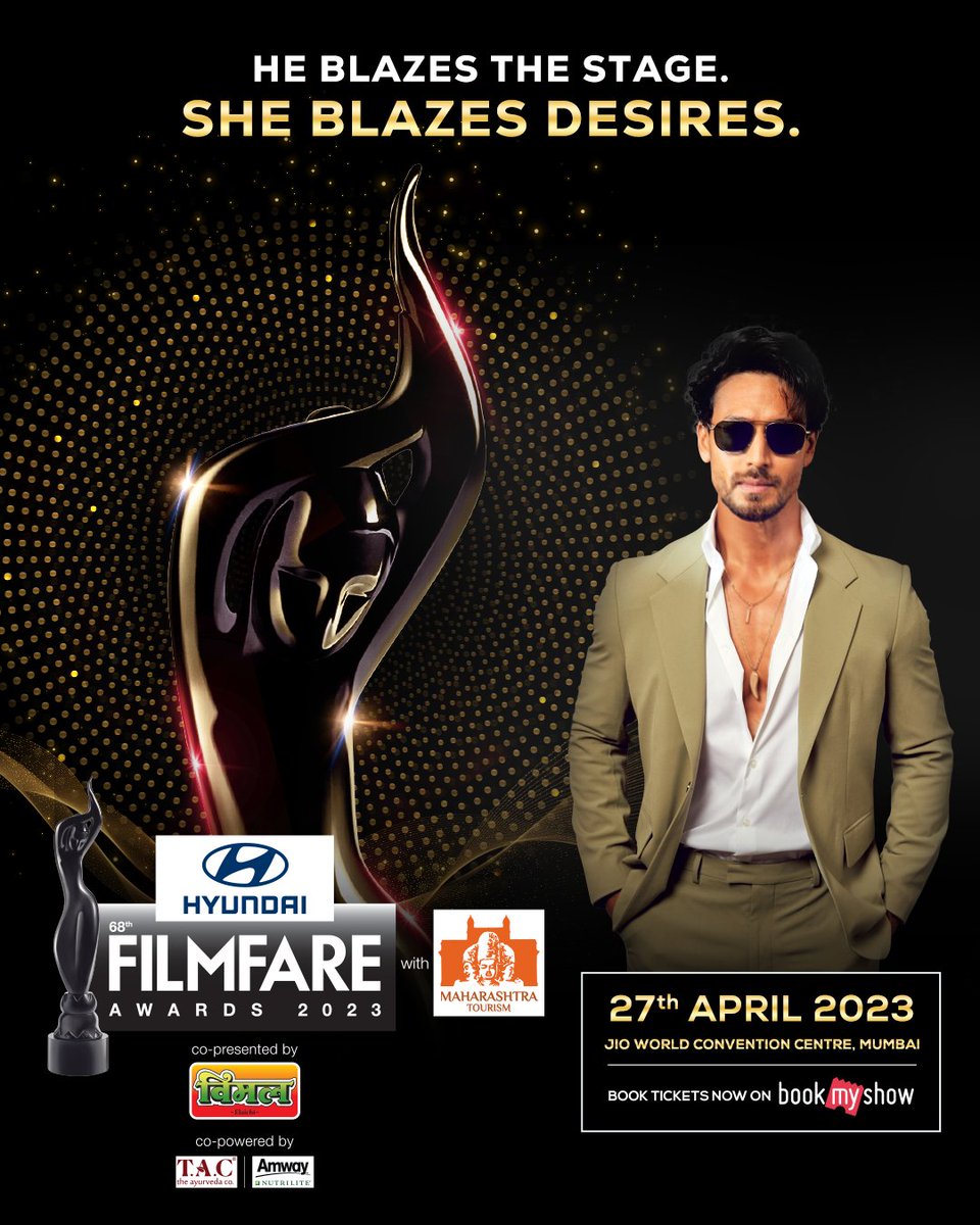 ZoomTV's tweet photo. Witness #TigerShroff perform at the 68th #HyundaiFilmfareAwards2023 with #MaharashtraTourism
Book your tickets now on BookMyShow to watch the show LIVE on 27th April 2023 at Jio World Convention Centre, Mumbai.

https://t.co/7V9GBArFwn https://t.co/UmIP2B9HbE