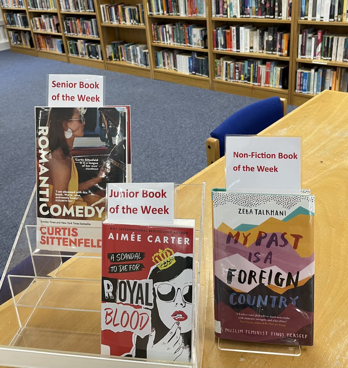 Bright and early on a Monday morning, here are our new Books of the Week! Royal Blood by @aimee_carter, Romantic Comedy by @csittenfeld and My Past is a Foreign Country by @ZebaTalk 📚🌟📖❤️#ReadingForPleasure @GandLSchool @Usborne @DoubledayUK @SceptreBooks