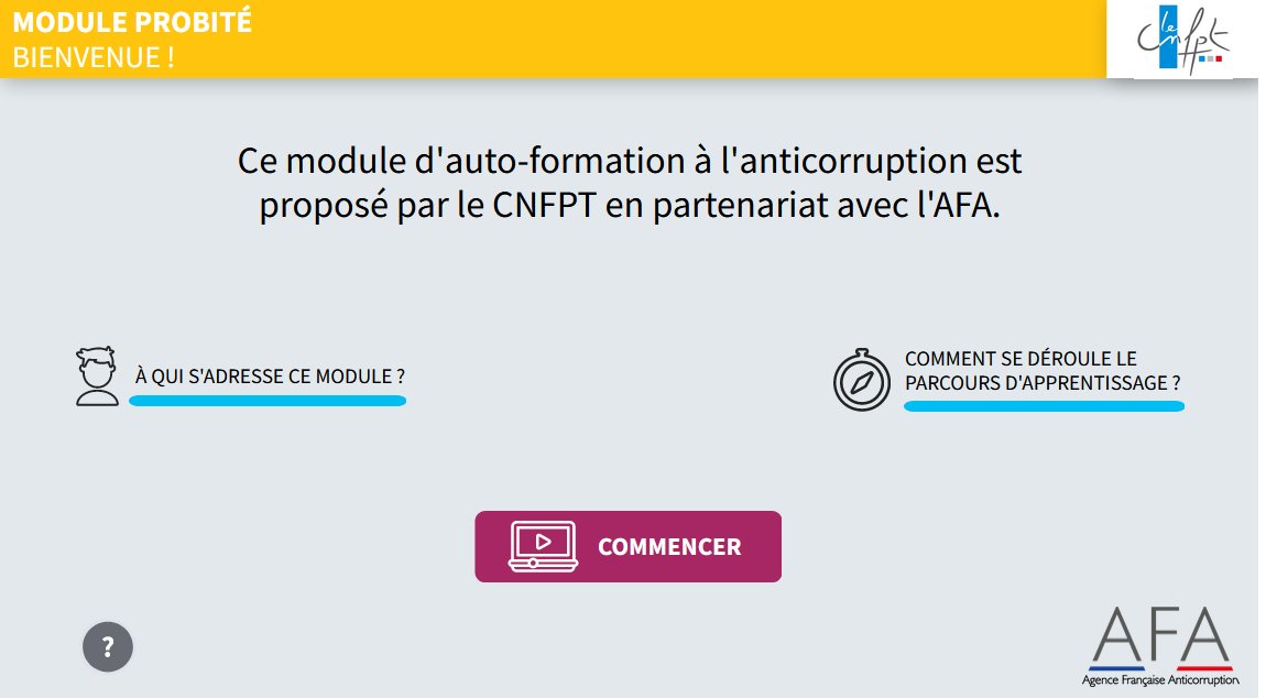 AFA_Gouv's tweet photo. 🆕 Bienvenue sur « 𝑷𝒓𝒐𝒃𝒊𝒕𝒆́ », le nouvel outil d’auto-apprentissage en ligne !  

« Probité » est un parcours d’auto-apprentissage en libre accès et sans inscription préalable, développé en partenariat avec le @cnfpt. 

A vos claviers !

🔗 https://t.co/y7m6q3qrjJ https://t.co/bi0lNLRvfQ