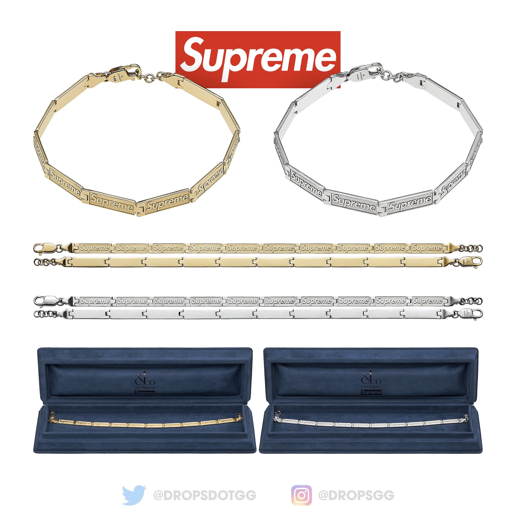 Supreme Drops on X: Supreme x Jacob & Co Logo Link Bracelet is also  set to release this week! Are you going for the Gold or Silver version? 🤔   / X