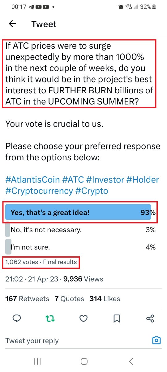 AtlantisChain's tweet photo. 🔥🔥🔥Update: Additional Atlantis Coin® will be burned when the conditions are met 🔥🔥🔥
The second poll regarding the burning of Atlantis Coin® (ATC) has been successfully concluded.
The results of the poll indicate that an overwhelming majority of 93% out of 1,062 votes have agreed to burn additional billions of ATC if its prices were to surge unexpectedly by more than 1000% in the next couple of weeks and stabilize for a period of time.
We are pleased to accept the outcome of the poll, and we will take the necessary action to burn the 2nd batch of ATC when the aforementioned conditions are met.
We will endeavor to make this happen as soon as possible.
Let us work together to achieve this goal.
Thank you for your participation and support.