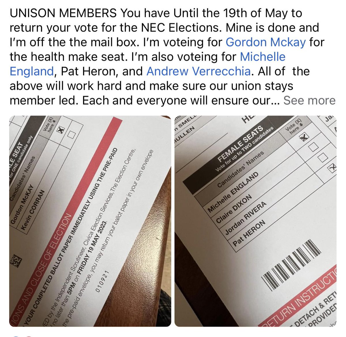 debbie_OT3's tweet photo. @UNISON NEC Elections voting open. Closes the 19th May. Use your vote to make sure your views are heard. https://t.co/8ZAleWcaDR