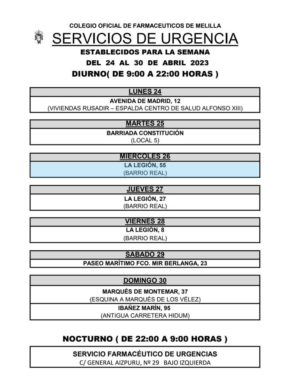 ¡Buenos días!
Os dejamos las #farmacias de #guardia para esta semana en #Melilla