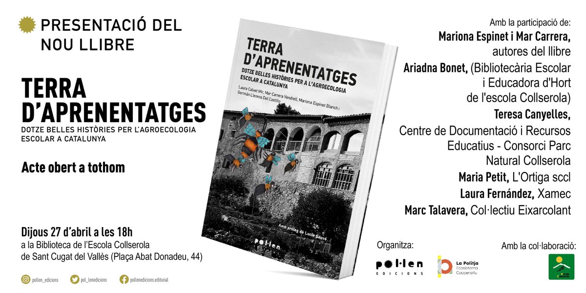 carrera_mar's tweet photo. Amb la ressaca feliç de #SantJordi us recordem nova presentació de #TerradAprenentatges amb @LaPolitja_ Aquest dijous 27/4 a les 18h Mariona Espinet Germán Llerena @eixarcolant #CanColl #Lortiga #EscolaCollserola @_Xamec!!
No us ho perdeu @elCugatenc @cugatmedia @jornalpuntcat https://t.co/RCS8yO8Ao9