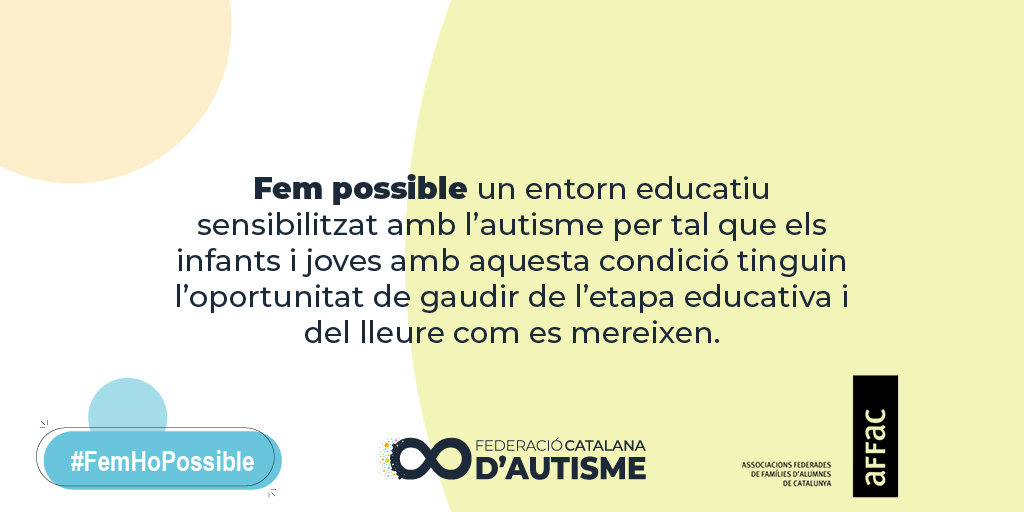 FedCatAutisme's tweet image. ❗️@affac_cat s&apos;adhereix a la campanya #FemHoPossible de la Federació Catalana d&apos;Autisme. 

🔴Fem possible que nens, nenes, joves, persones adultes i persones grans amb #autisme/autistes puguin tenir una vida de qualitat, serena i plena.