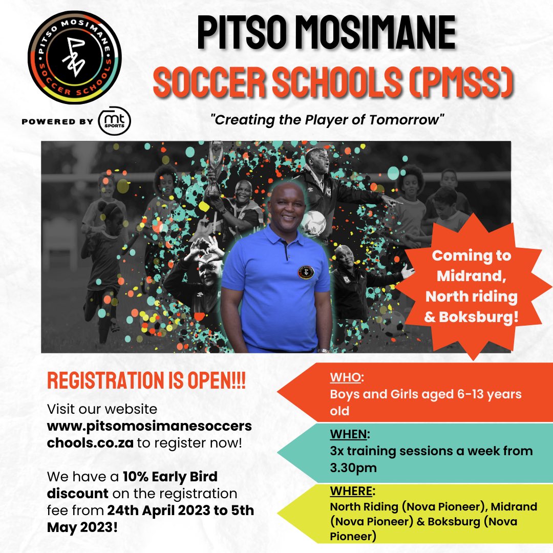 THE DAY HAS ARRIVED! ⚽️⚽️⚽️

Calling on all Midrand, North Riding and Boksburg soccer stars - boys and girls aged between 6 and 13 years old! PMSS IS COMING TO YOU!🫵🏾

To register: pitsomosimanesoccerschools.co.za ! 

JOIN PMSS TODAY! 🥳

HURRY! There’s a 10% Early Bird discount on the