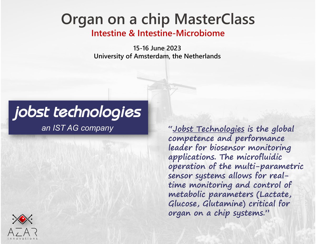 AzarInnovations's tweet photo. 📅 Discover Jobst Technologies lactate and glucose biosensors (and more...) at the Organ on a chip MasterClass - Intestine & Intestine-Microbiome: https://t.co/I6ToQiK7IQ
#HostMicrobeInteraction #IBD #ADME #IntestineChip #OrganOnAChip #Bioavailability #Training #HandsOn https://t.co/j2WHvdxZlK