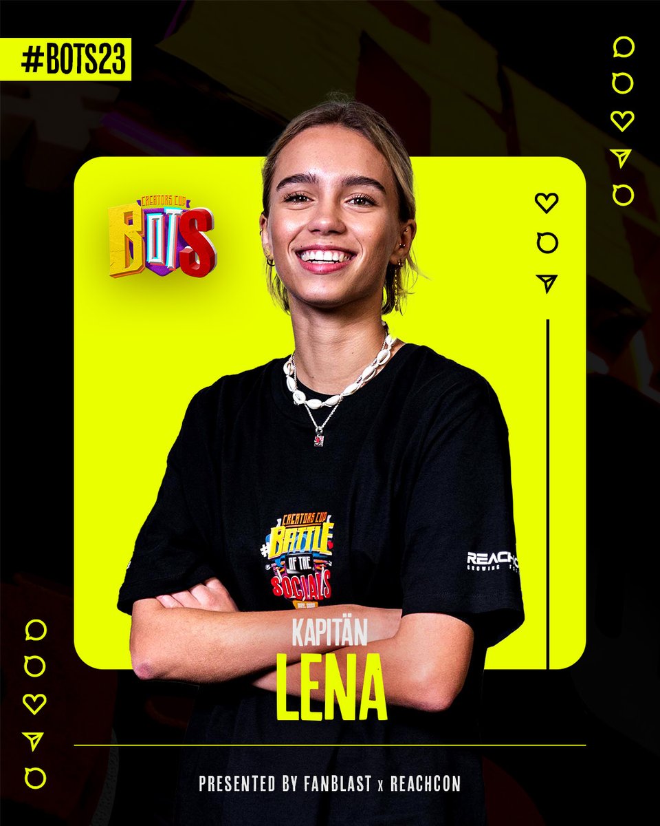 BOTS2024's tweet photo. Herzlich Willkommen, Lena! ☀️

Gemeinsam mit Knossi, Younes Zarou &amp; Elligella kämpft sie am 30.07.2023 beim #BattleoftheSocials als Kapitänin von #TeamLena 🟡 um den heißbegehrten #CreatorsCup Pokal 🏆

Sicher dir jetzt dein Ticket für das #BOTS23: https://t.co/rP8Paba6GM https://t.co/nFbSWaQ7nk