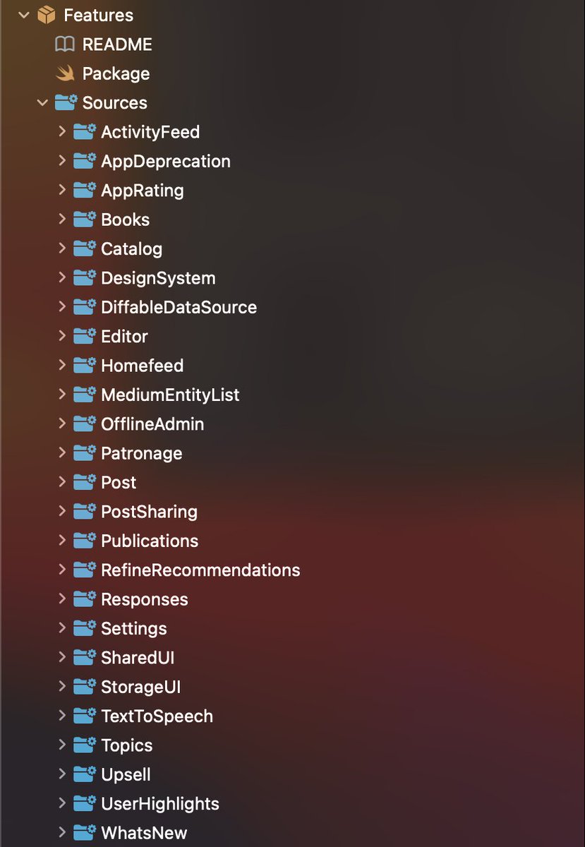 Dimillian's tweet photo. A while ago I wrote an article about our packages based architecture for the @Medium iOS app, and i'm happy to report that our features package keep growing! Every new thing we write is self contained and this is so good. Time to write a follow up to https://t.co/ty17dYMbgf https://t.co/NlF6BYfvQ4