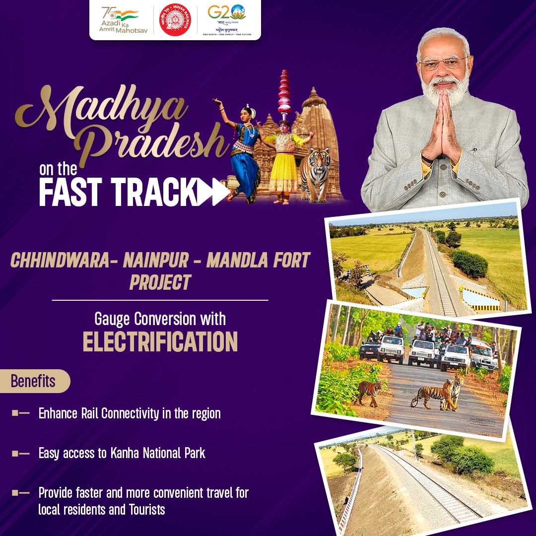 RailMinIndia's tweet photo. The Gauge Conversion Project &amp; Electrification Project of the Chhindwara-Nainpur-Mandla Fort will provide enhanced rail connectivity in the region and easy access for tourists visiting Kanha National Park.

#RailInfra4MadhyaPradesh https://t.co/cBR2hnYrd8