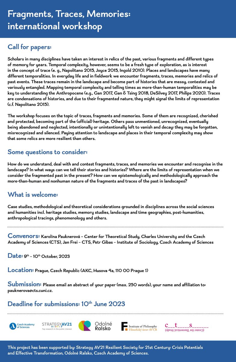 CTS_uk_av's tweet photo. Call for papers: "Fragments, Traces, Memories: international workshop", co-organized by @CTS_uk_av, to be held in Prague, October 9-10 2023. Send your submissions to pauknerova@cts.cuni.cz, by June 10. For more see the attached leaflet. https://t.co/KVch2aneTL