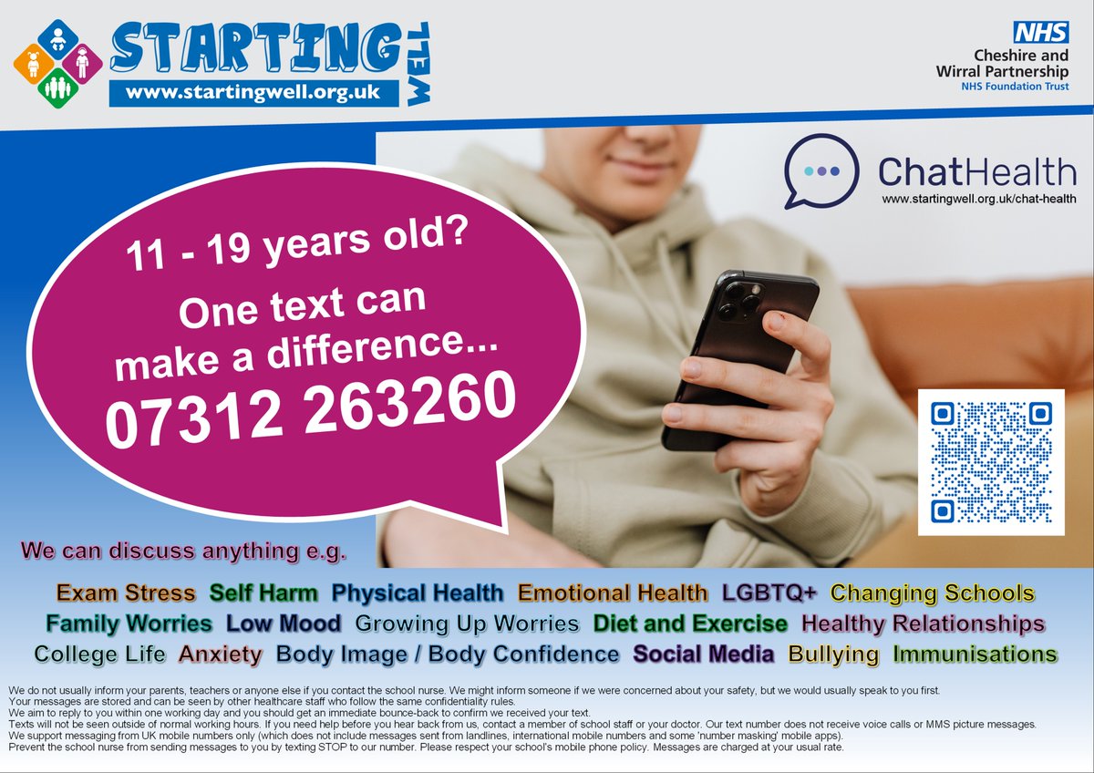 ChatHealth for young people who live or attend education in #cheshirewest and #Chester.
One text can make a difference.
startingwell.org.uk/chat-health