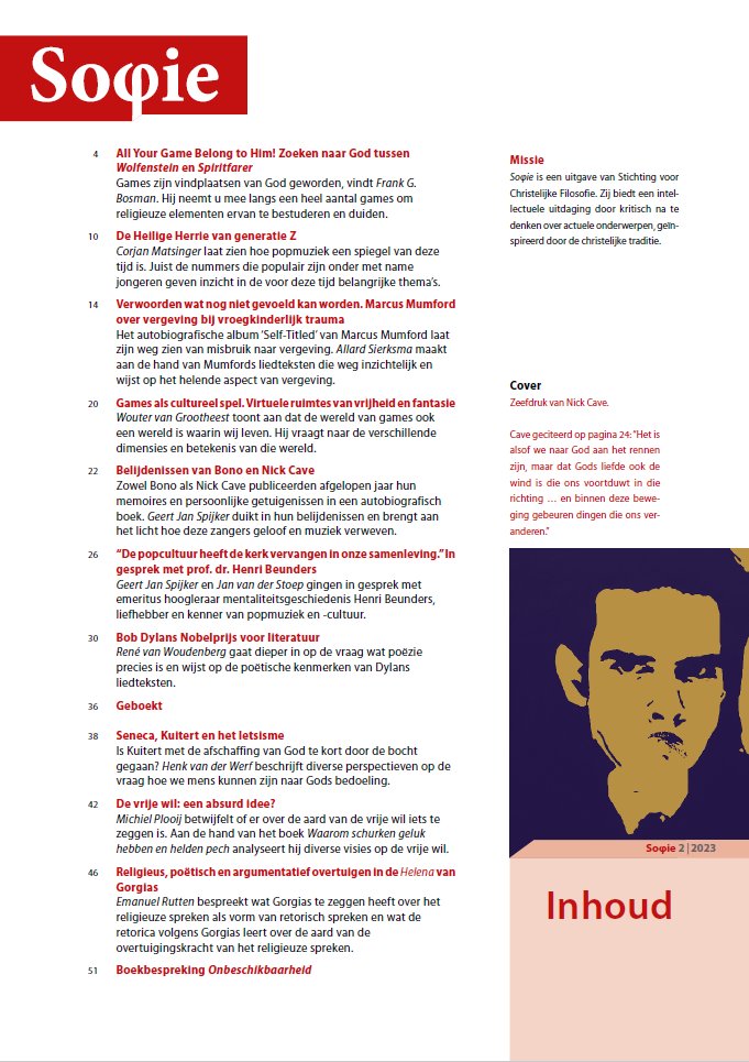 Sophie 2023#2 is uit! Een themanummer over 'heilige herrie' en 'games als loci theologici'. Met filosofische/theologische beschouwingen popmuziek, popcultuur en games, een interview met prof. Henri Beunders en meer tot-nadenken-stemmend proza.