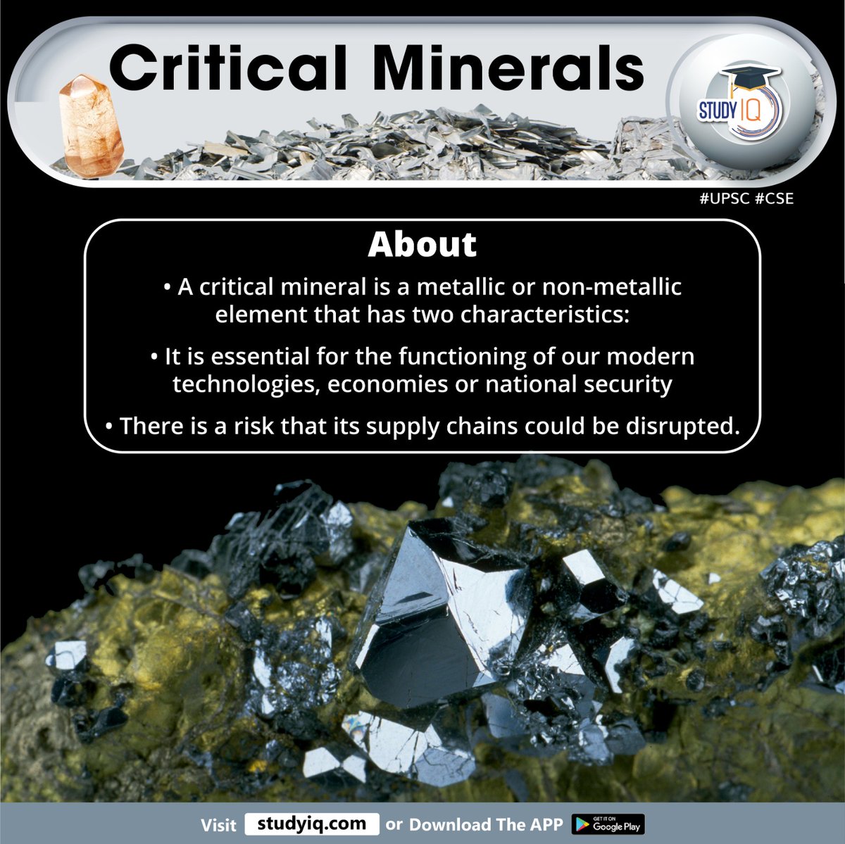 upsciq's tweet photo. Critical Minerals

#criticalminerals #nationalcriticalmineralsstrategy #india #whyinnews #metallic #nonmetallicelement #economies #nationalsecurity #lithium #nickel #cobalt #cleanenergytechnologies #gallium #graphite #upsc #cse #nationaldefence #ias #ips https://t.co/35B927ptsN