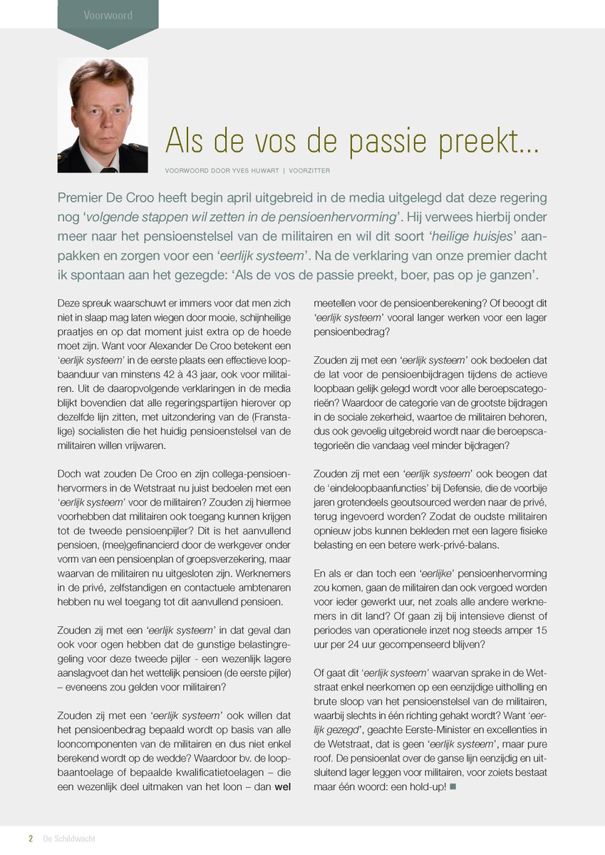 ACMP_CGPM's tweet photo. 📢 De Schildwacht van maart-april 2023! Hieronder leest u het voorwoord van Yves Huwart, Voorzitter van de militaire vakbond ACMP-CGPM. 📷 https://t.co/g9joToeayZ