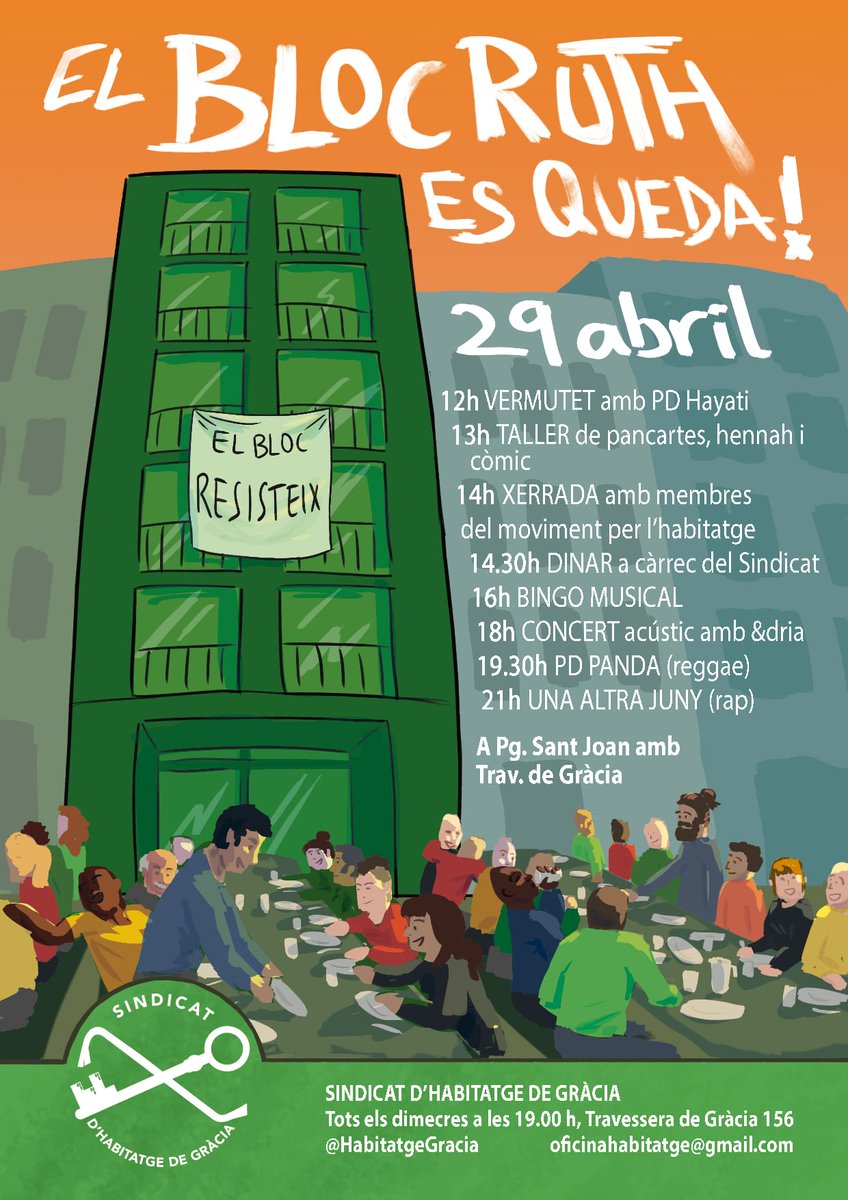 ✨ JORNADA AL BLOC RUTH ✨

Publiquem la programació d'aquest dissabte! Serà una jornada amb tallers, xerrada amb membres del moviment per l'habitathe, un dinar exquisit, concerts i molt més!

Veniu a donar suport al Sindicat i les veïnes del Bloc Ruth!

#ElBlocRuthEsQueda