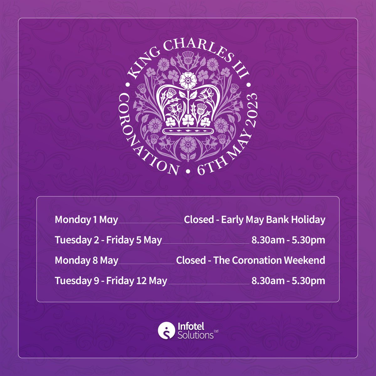 Please note our opening hours over the May Bank holiday and Coronation Weekend. 👑 #bankholiday #openingtimes #businessupdate #coronation📷 #may
