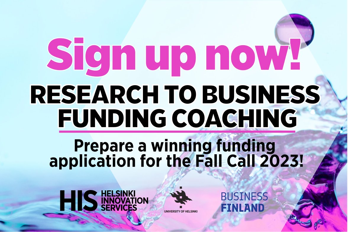Get ready to apply for #ResearchToBusiness funding from @BusinessFinland in Fall 2023! Research teams from @helsinkiuni are welcomed to sign up for #R2B Funding Coaching to receive support & training to successfully master the application process. ➡️flamma.helsinki.fi/s/r6Nao