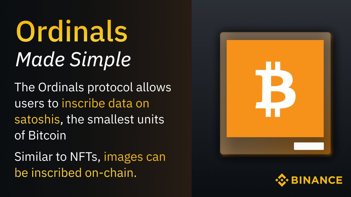 #Bitcoin Ordinals, made simple.  

By using the Ordinal protocol, you can now inscribe data directly on the Bitcoin blockchain.  

Similar to NFTs, this has allowed people to inscribe images as collectibles.