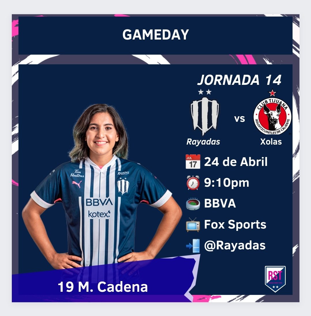 RayadasST's tweet photo. GAMEDAY 📅⚽️
Hoy hay futbol,hoy juegan las Rayadas🇫🇮
Después de 1 mes,por fin en casa para verlas. Momento para volver al triunfo 

Vamos #Rayadas 

J14
#Rayadas vs @XolosFemenil
📅 24 de abril
⏰ 9:10pm
🏟 BBVA
📺 @FOXSportsMX
📲 @Rayadas

#VamosPorMas🤜🤛
#ArribaElMonterrey 🇫🇮 https://t.co/hX2noOhIxH